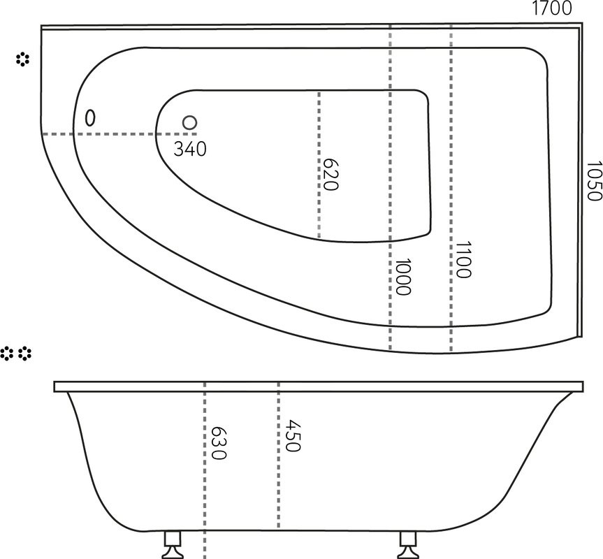 Ванна из искусственного камня Marmo Bagno Альба R 105x170 см, угловая, правая, пристенная, белая, асимметричная, на ножках