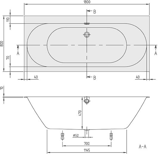 Акриловая ванна Villeroy & Boch Oberon 2.0 UBQ180OBR2DV-01 180x80 см, встраиваемая, цвет альпийский белый, на ножках, со сливом-переливом