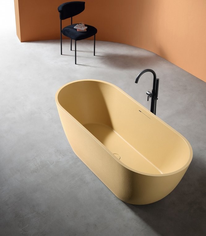 Ванна из искусственного камня Abber Frankfurt AM9941MS 170x75 см, отдельностоящая, матовая песочная, овальная, фурнитура белая