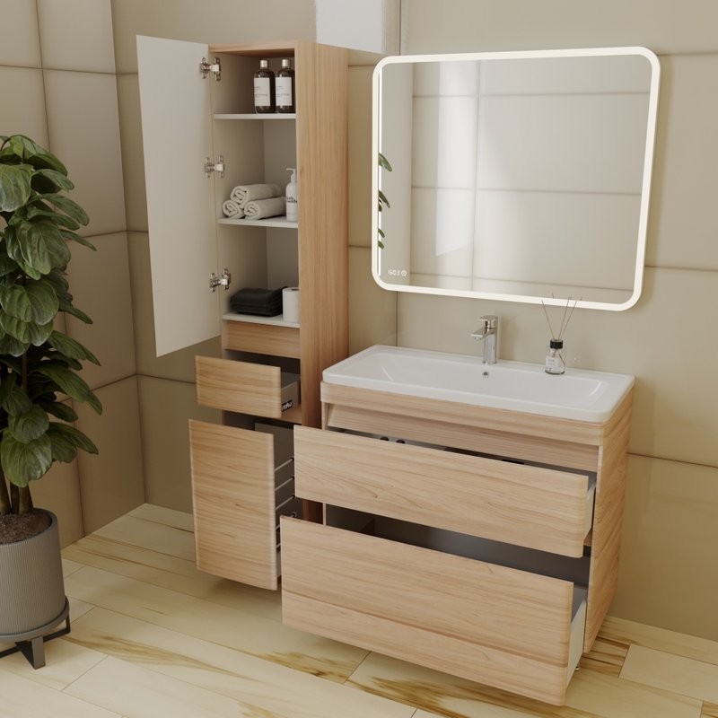 Тумба с раковиной Style Line Атлантика 90 Люкс Plus, напольная, ясень перламутр