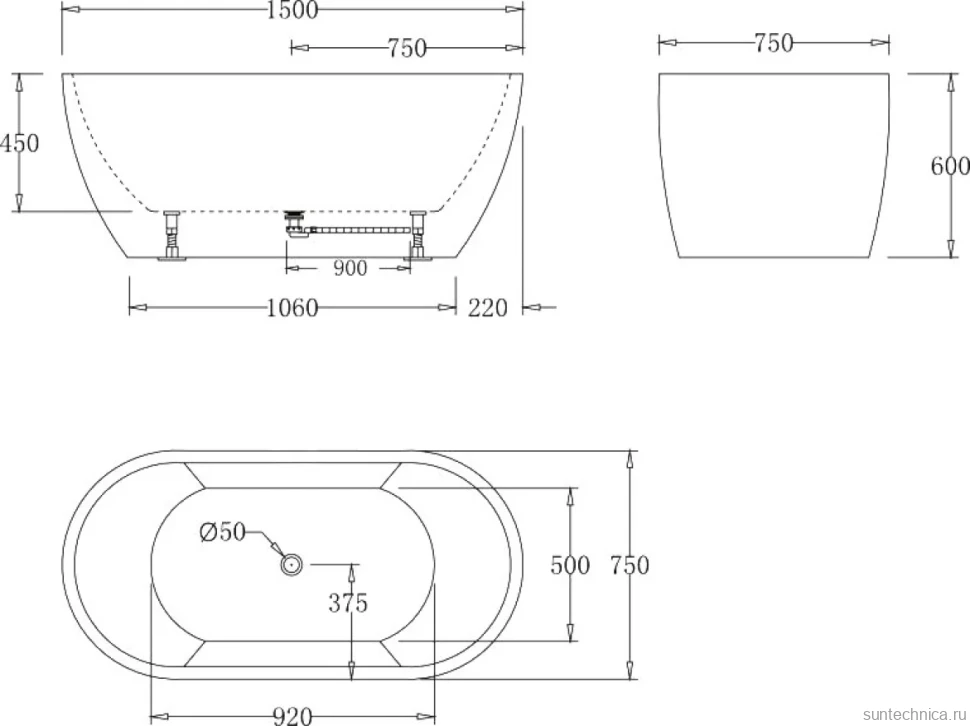 Акриловая ванна BelBagno BB70-1500-W0 150x80 см, отдельностоящая, белая, овальная, на ножках, с донным клапаном