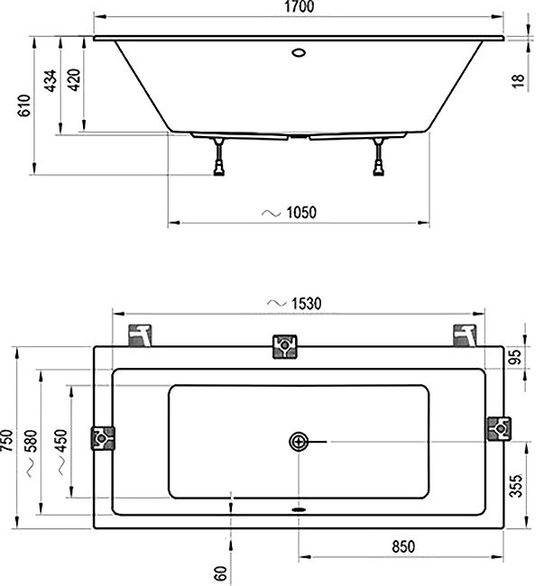 Акриловая ванна Ravak Formy 01 Slim 170x75 см, встраиваемая, белая, на ножках