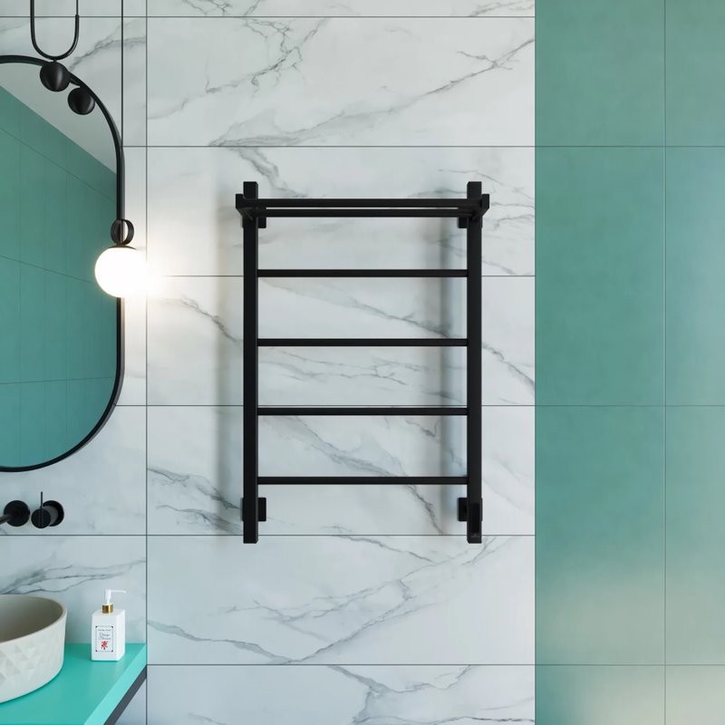 Полотенцесушитель электрический Grota App 530х800 RAL9005 EL 80x55 см, подключение справа, слева, скрытое подключение справа, матовый черный, лесенка, из стали, с полкой