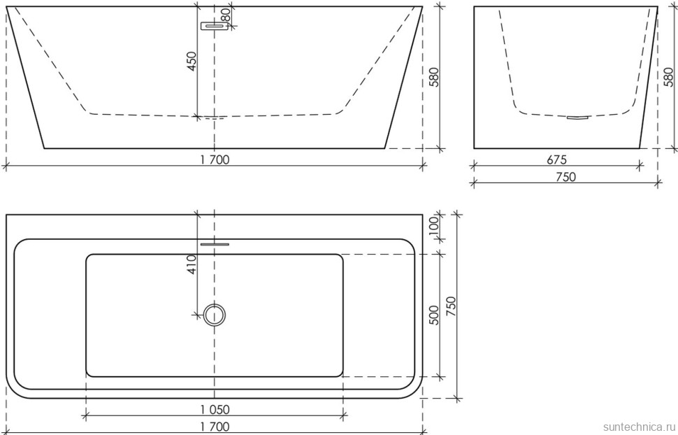 Акриловая ванна Sancos Square FB14 170x75 см, пристенная, белая, с каркасом, со сливом-переливом