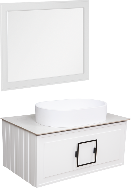 Мебель для ванной комнаты La Fenice Cubo 80 подвесная, белая, ручка черная, столешница белый мрамор, раковина матовая белая