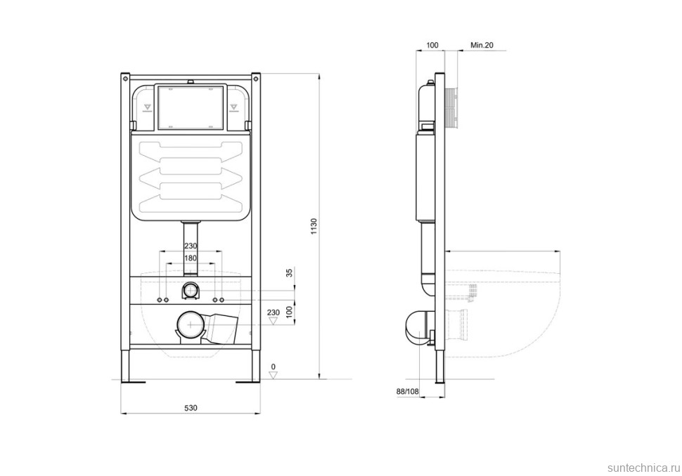 Инсталляция для унитаза AQUATEK Pneumo S50 INSP-0000001 пневматическое управление, крепление к полу и стене, с регулировкой по высоте, с шумоизоляцией