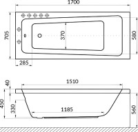 Акриловая ванна Excellent Ava Line Nano 170x70 см, встраиваемая, с гидромассажем, белая, с каркасом, со сливом-переливом, фурнитура золото
