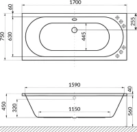 Акриловая ванна Excellent Oceana Soft 170x75 см, встраиваемая, с гидромассажем, белая, с каркасом, со сливом-переливом, фурнитура золото