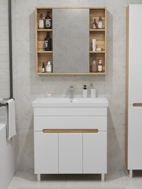 Мебель для ванной комнаты SanStar Модена 80 напольная, глянцевая белая, дуб вотан, раковина Moduo 80