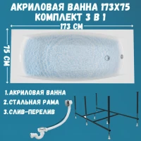 Акриловая ванна 1MarKa Pragmatika Стандарт 2 175x75 см, встраиваемая, белая, с каркасом, со сливом-переливом