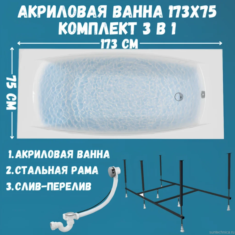 Акриловая ванна 1MarKa Pragmatika Стандарт 2 175x75 см, встраиваемая, белая, с каркасом, со сливом-переливом