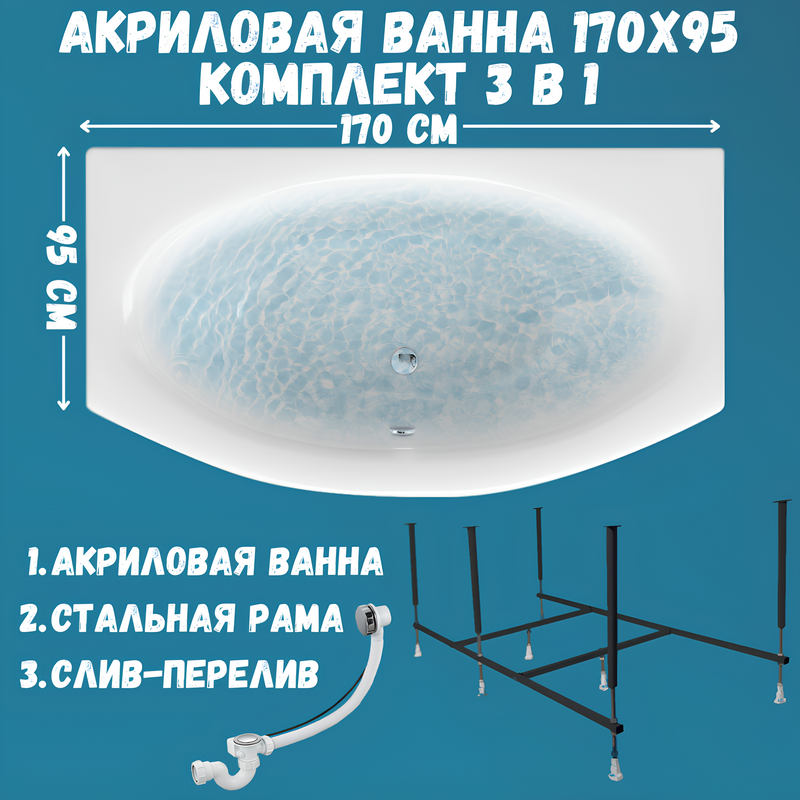 Акриловая ванна 1MarKa Nega Стандарт 2 170x95 см, встраиваемая, белая, с каркасом, со сливом-переливом
