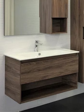 Тумба с раковиной Comforty Бордо 90 подвесная, темно-коричневый дуб, с раковиной Quadro 90