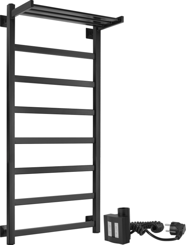 Полотенцесушитель электрический Secado Корсико 1 СП , 105x55 см, подключение справа, матовый черный, лесенка, с полкой