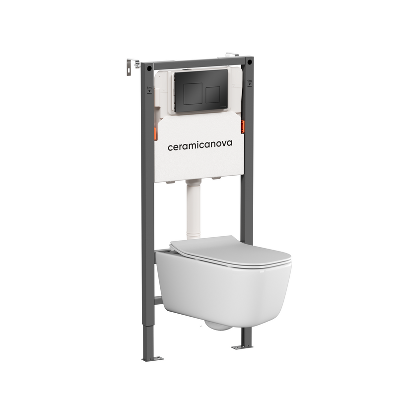 Комплект Ceramicanova Унитаз подвесной New Day CN3005 безободковый, с микролифтом + Инсталляция Balance CN121002MB с кнопкой Square матовой черной