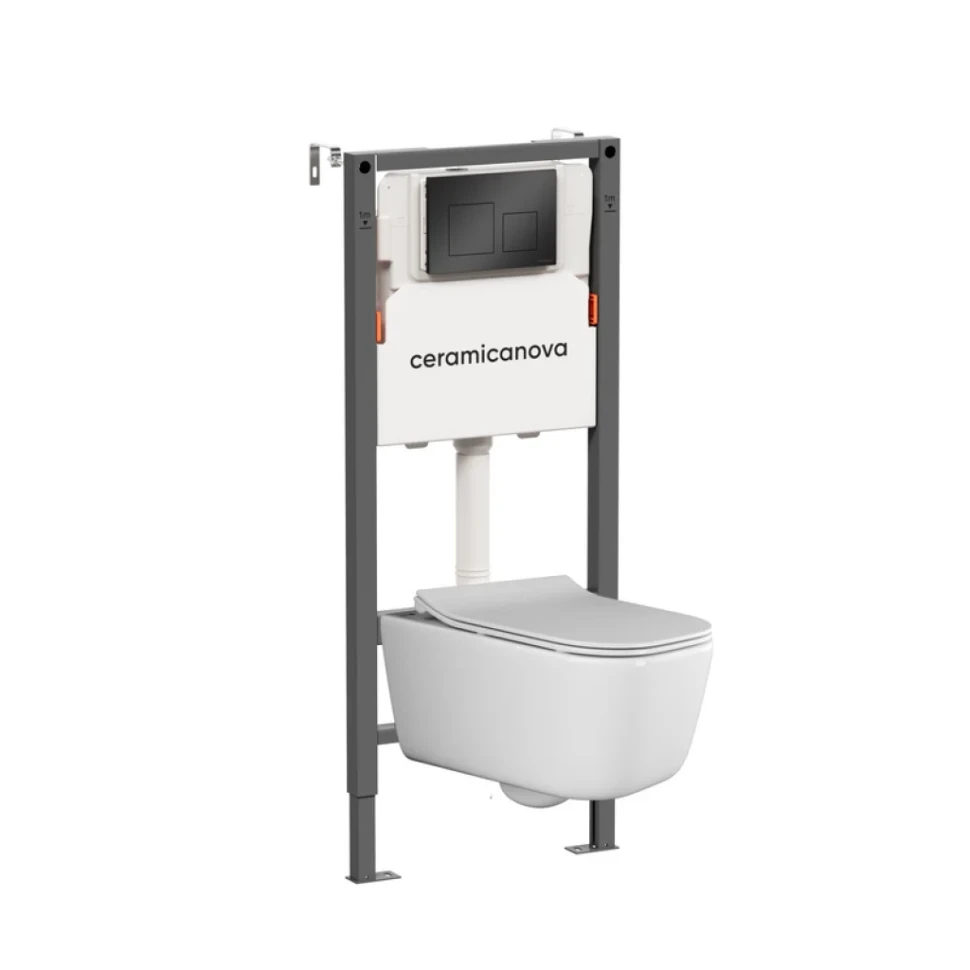Комплект Ceramicanova Унитаз подвесной New Day CN3005 безободковый, с микролифтом + Инсталляция Balance CN121002MB с кнопкой Square матовой черной