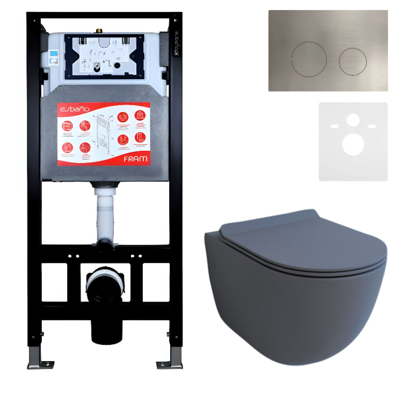 Комплект Унитаз подвесной Esbano Garcia ESUPGARCGM матовый серый + Инсталляция Fram + Кнопка ESINMTK60ST
