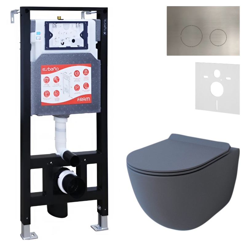 Комплект Унитаз подвесной Esbano Garcia ESUPGARCGM матовый серый + Инсталляция Fram + Кнопка ESINMTK60ST
