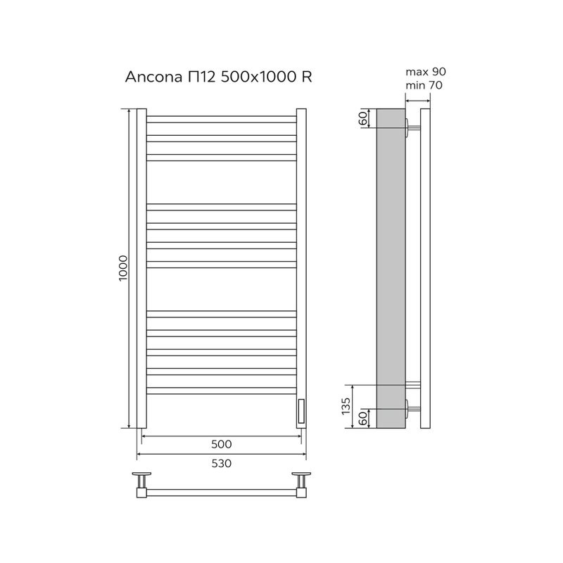 Полотенцесушитель Azario ANCONA 500/1000 электрический ЧЕРНЫЙ R 12 кв. пер.