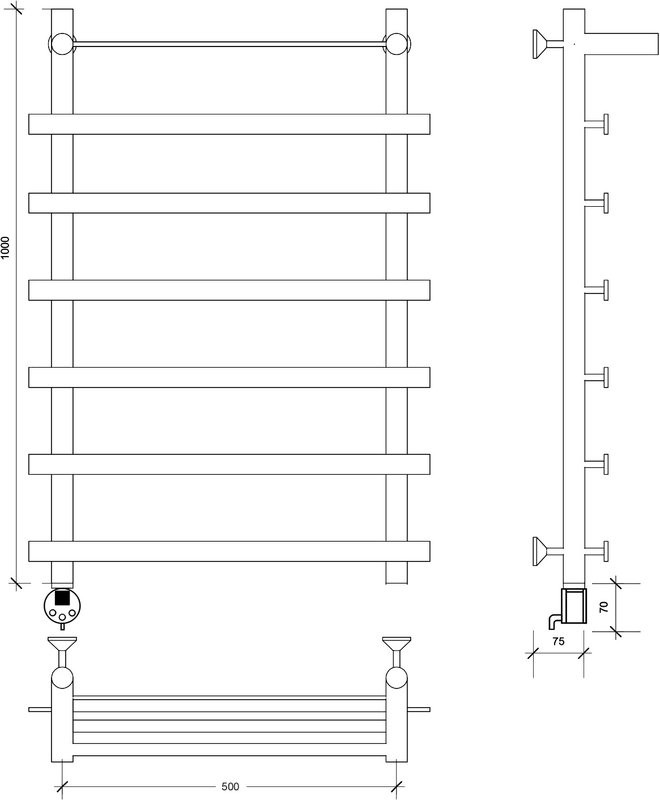 Полотенцесушитель электрический Secado Понтида 1 СП, L 100x60 см, подключение слева, матовый черный, лесенка, с полкой