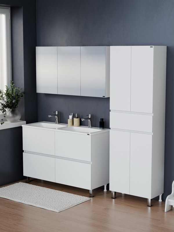 Тумба под раковину без столешницы СаНта Марс 120 напольная, с ящиками, глянцевая белая