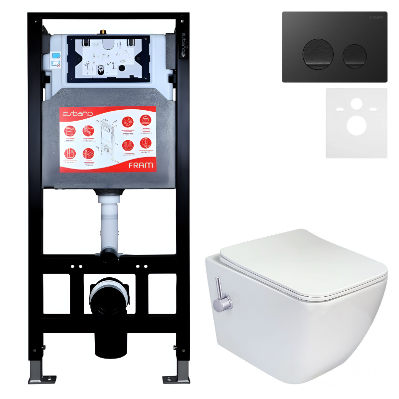 Комплект 3 в 1 Унитаз подвесной Esbano ESWBLEONWN + Инсталляция Fram + Кнопка ESINSLM37MB цвет матовый черный
