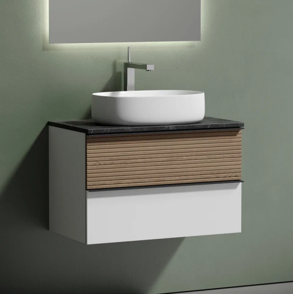 Тумба с раковиной Sancos Delta 80 см, дуб светлый, белый, столешница черный мрамор, раковина CN5023