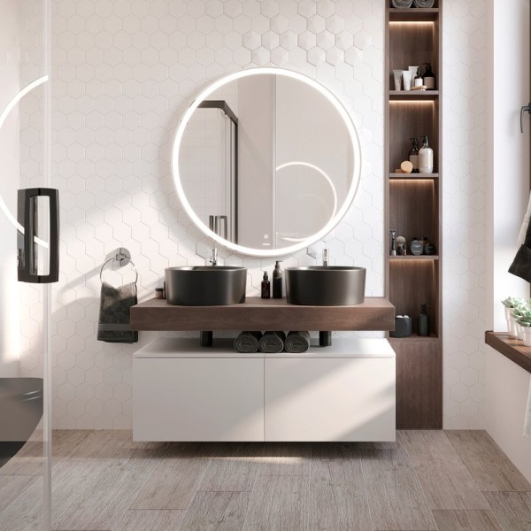 Мебель для ванной комнаты STWORKI Ольборг 120 столешница дуб карпентер, без отверстий, 2 тумбы 60 + 2 раковины