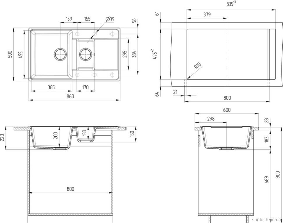 Мойка кухонная Ulgran Quartz Prima 860 уголь