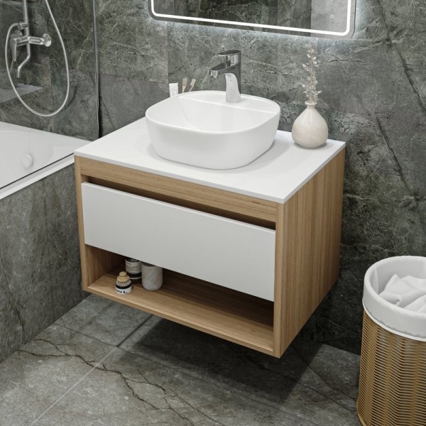 Тумба с раковиной Teymi Ritta 75 дуб эврика, матовая белая, раковина Solli 40