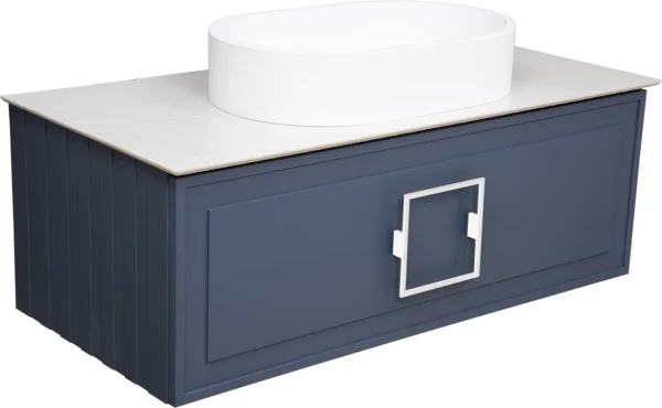 Тумба с раковиной La Fenice Cubo 100 подвесная, blu grigio, ручка белая, столешница белый мрамор, раковина матовая белая