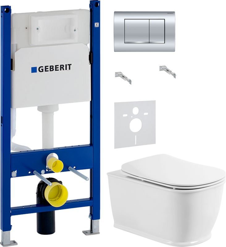 Комплект Унитаз подвесной BelBagno Prado BB10150CH безободковый + Крышка BB10150SC с микролифтом, петли хром + Инсталляция Geberit Duofix Delta 458.163.21.1 с кнопкой смыва, хром + Звукоизоляция