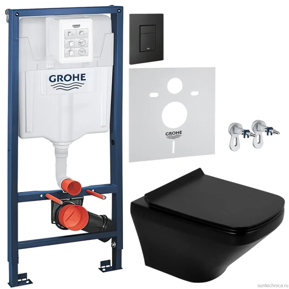 Комплект Унитаз подвесной BelBagno Sela BB3201CHR-MB матовый черный + Крышка BB3201SC-MB матовая черная + Инсталляция Grohe Solido 38811KF0 3 в 1 с кнопкой смыва + Звукоизоляция