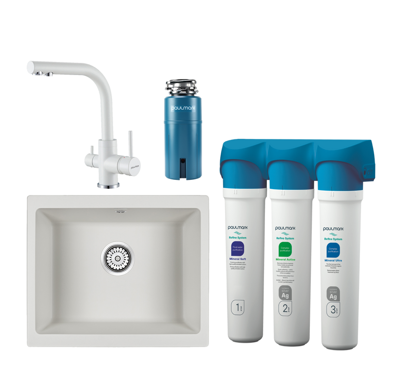Комплект Мойка кухонная Paulmark Gera 60 PM205546-WH белый + Смеситель Essen Es213011-431TW белый матовый + Измельчитель Intenso I-PRO 1000 + Фильтр Refine System