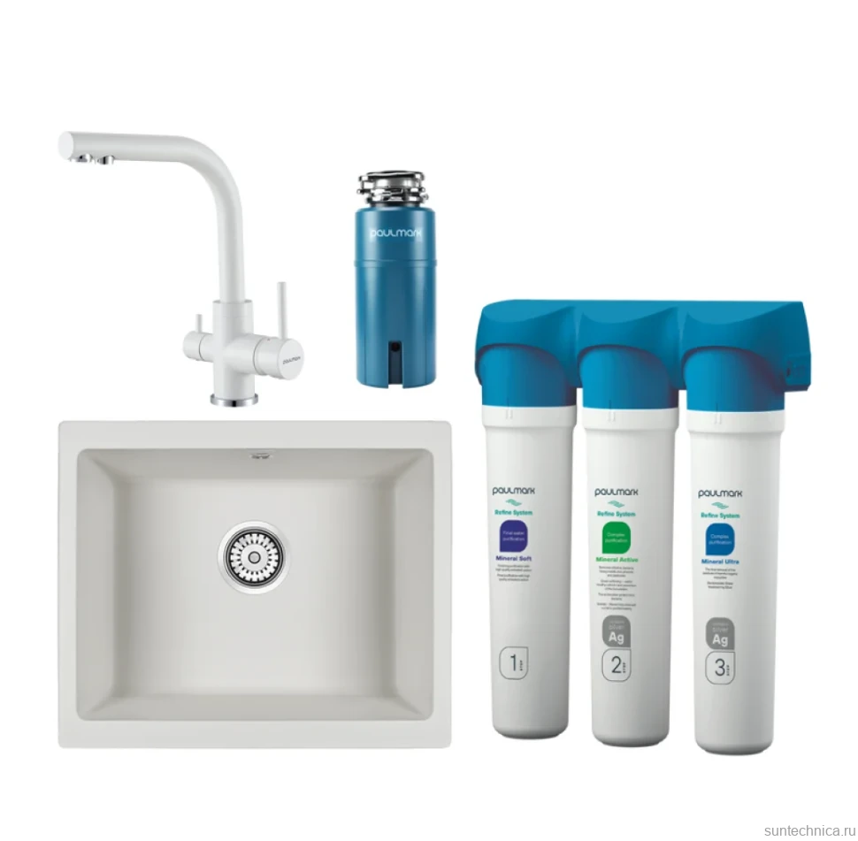 Комплект Мойка кухонная Paulmark Gera 60 PM205546-WH белый + Смеситель Essen Es213011-431TW белый матовый + Измельчитель Intenso I-PRO 1000 + Фильтр Refine System