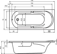 Акриловая ванна Riho Future 170x75 см, пристенная, белая, с каркасом, со сливом-переливом