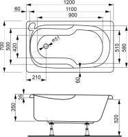 Акриловая ванна Vagnerplast Nike 120x70 см, встраиваемая, ультрабелая, с каркасом