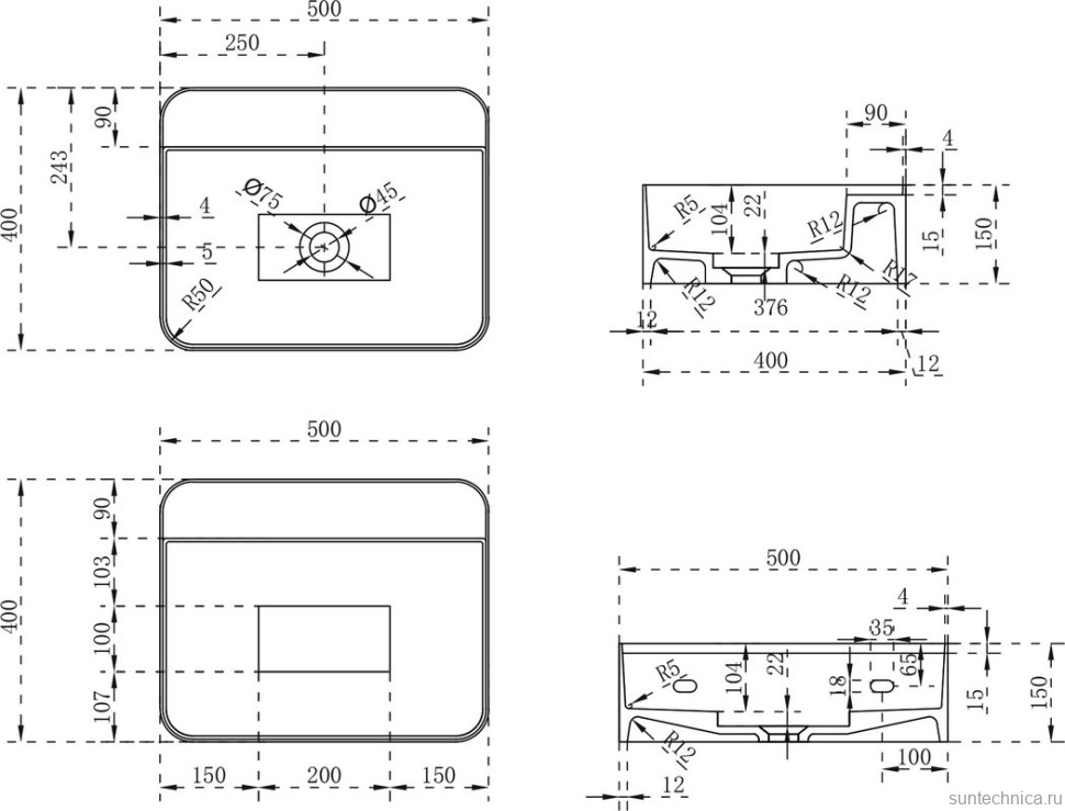 Раковина подвесная Abber Stein AS2626 50 матовая белая, прямоугольная, искусственный камень