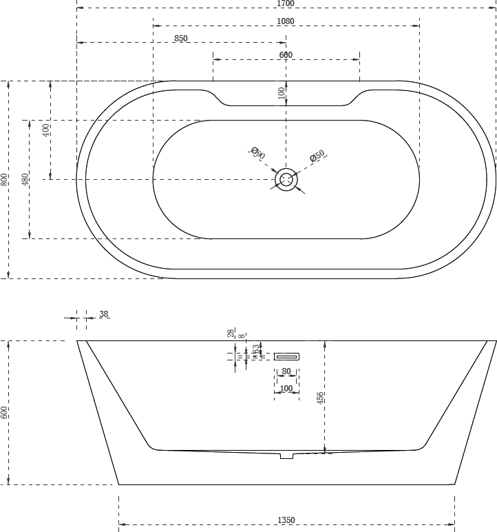 Акриловая ванна Abber AB9299-1.7 170x80 см, отдельностоящая, белая, овальная, с каркасом, со сливом-переливом