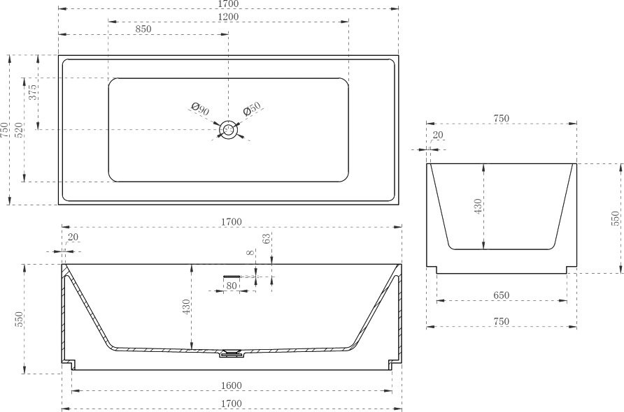 Ванна из искусственного камня Abber Stein AS9602 170x75 см, отдельностоящая, матовая белая, на ножках, с донным клапаном, фурнитура белая