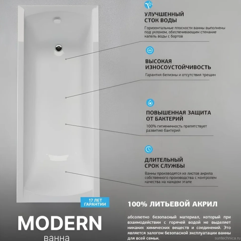 Акриловая ванна Marka One Modern 180x75 см, пристенная, белая, на ножках