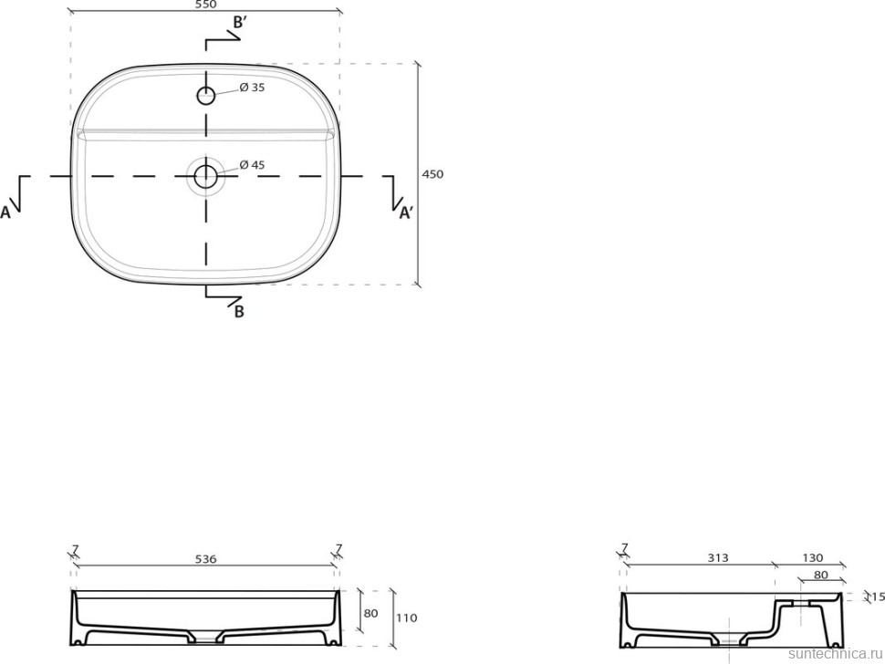 Накладная раковина Galassia SmartB 7401 55 глянцевая белая, прямоугольная, фаянс