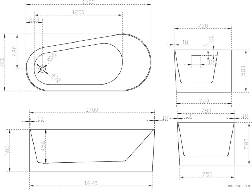 Акриловая ванна Abber AB9496-1.7 L 170x80 см, левая, пристенная, белая, асимметричная, с каркасом, со сливом-переливом