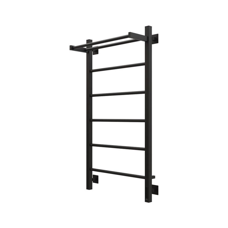 Полотенцесушитель электрический Grota App 530х1000 RAL9005 EL 100x55 см, подключение справа, слева, скрытое подключение справа, матовый черный, лесенка, из стали, с полкой