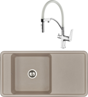 Комплект Мойка кухонная AQUATON Беллис 97 серый шелк + Смеситель Lemark Comfort LM3074C-White с гибким изливом, хром, белый