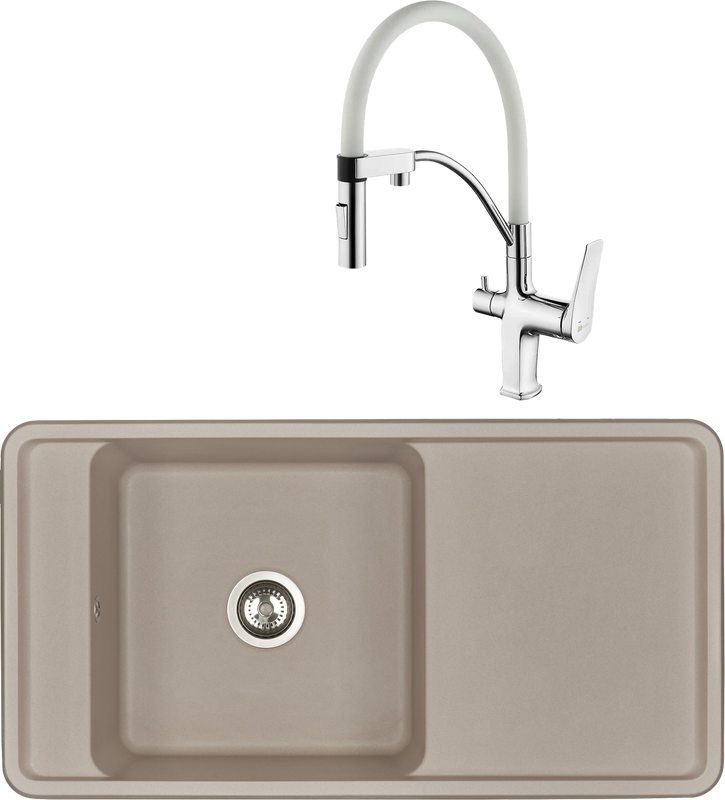 Комплект Мойка кухонная AQUATON Беллис 97 серый шелк + Смеситель Lemark Comfort LM3074C-White с гибким изливом, хром, белый