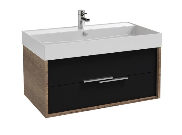 Тумба с раковиной Jacob Delafon Vivienne 100 подвесная, дуб давос натуральный, черный матовый, раковина белая