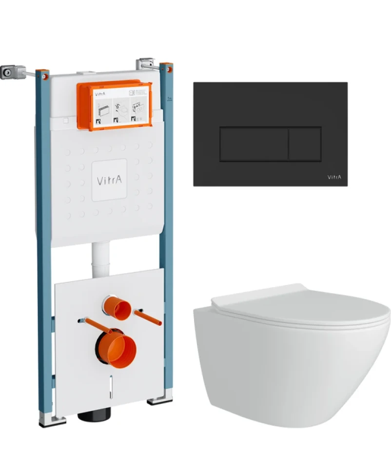 Комплект Унитаз подвесной Teymi Lina Pro T40106 с микрофлитом, безободковый, белый + Инсталляция VitrA V-Fix Core 732-5800-01PV + Кнопка Root Square 740-2311 черная матовая