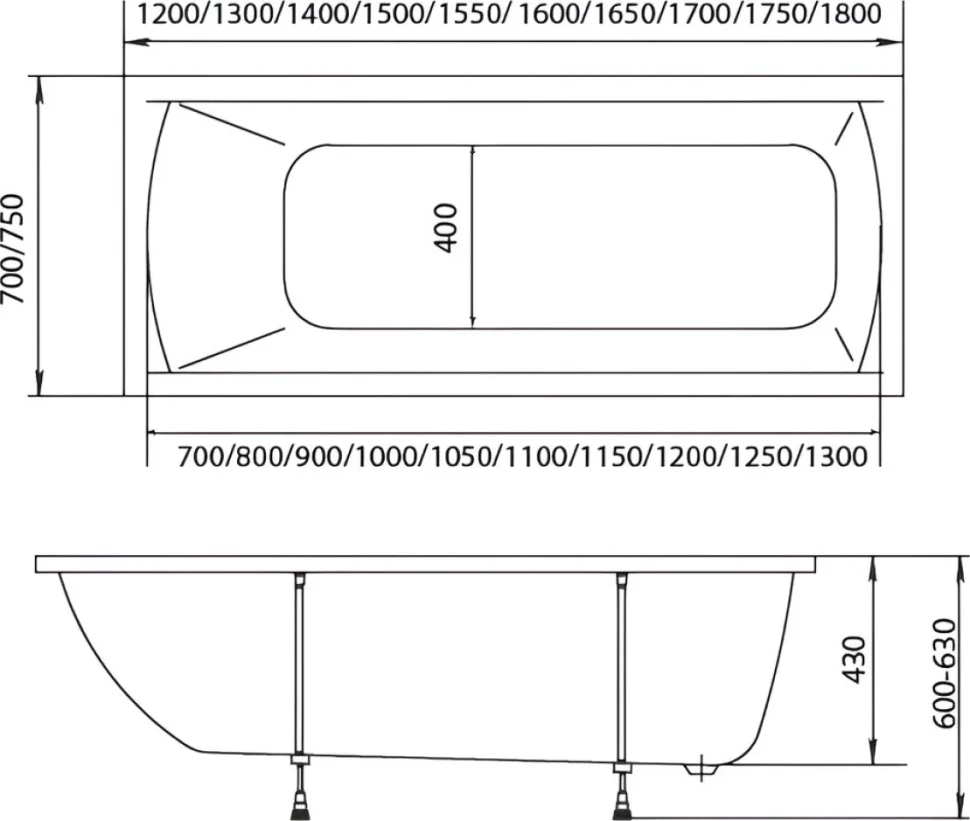 Комплект Акриловая ванна 1MarKa Modern Премиум 180x70 см, пристенная, белая, с экраном, со сливом-переливом