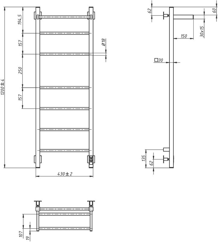 Полотенцесушитель электрический Grota Alto 430х1200 NM EL 120x45 см, подключение справа, слева, скрытое подключение справа, матовый хром, лесенка, с полкой